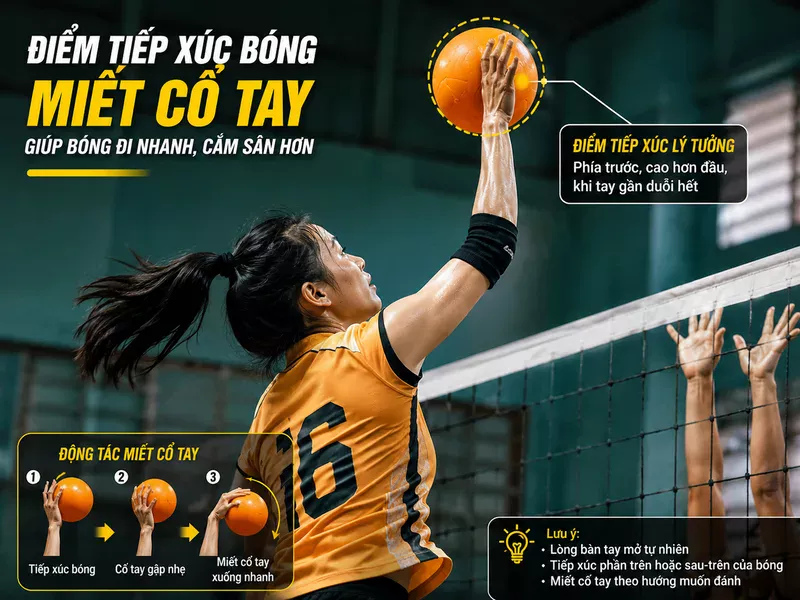 Tiếp xúc bóng ở vị trí cao phía trước cơ thể và miết cổ tay đúng lúc giúp bóng đi nhanh và cắm sân hơn.