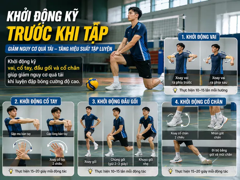 Khởi động kỹ vai, cổ tay, đầu gối và cổ chân giúp giảm nguy cơ quá tải khi luyện đập bóng cường độ cao.
