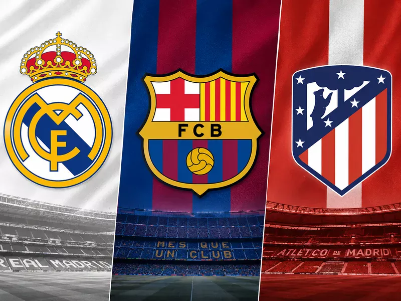 Real Madrid, Barcelona và Atlético Madrid thể hiện rõ dấu ấn hoàng gia, Catalonia và thành phố Madrid qua màu sắc cùng biểu tượng đặc trưng.